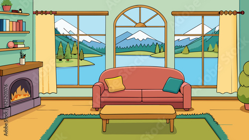An inviting living room with a plush sofa a fireplace and large windows overlooking a peaceful lake.. Cartoon Vector.