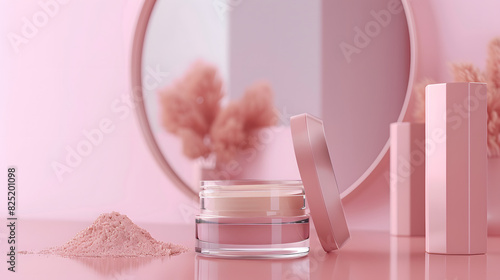 Pink nail polish on a white background surrounded by beauty and cosmetic items like makeup powder, cream, and a bottle, creating a clean and elegant scene © Kanthida Thanirat