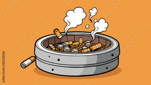 An overflowing ashtray filled with burnt cigarette butts and pungent smoke. The ashtrays edges are blackened and its insides sticky a reflection of. Cartoon Vector.