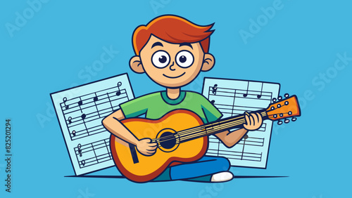 A novice guitarist is sitting with their guitar eyes focused on the sheet music in front of them trying to hit the right chords and strumming pattern.. Cartoon Vector.