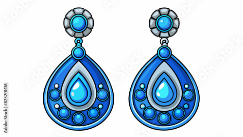 A pair of earrings dangling delicately from the earlobe adorned with shimmering blue gems and intricate silver designs giving off a regal and elegant. Cartoon Vector.