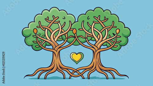 A pair of intertwined trees with their roots deeply intertwined and their branches reaching towards each other. Like the trees a marriage is rooted in. Cartoon Vector.