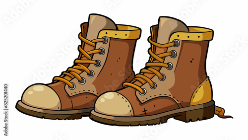 A pair of worn leather boots with scuffed toes frayed laces and gold buckles on the sides.. Cartoon Vector.