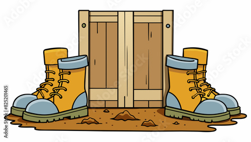 A pair of worn work boots sitting by the door covered in dirt and mud. These boots represent the duty of a construction worker to work hard and build. Cartoon Vector.
