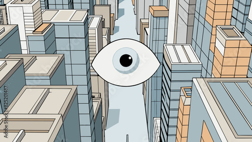 A pale gray eye marked with tiny s surveys the cityscape from a towering skyscr taking in the hustle and bustle of the streets below.. Cartoon Vector.