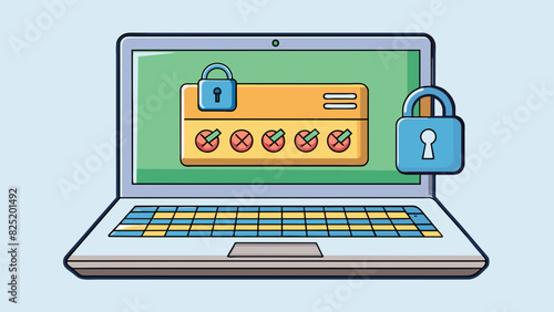 A passwordprotected laptop with encryption software ensures that sensitive information cannot be accessed by unauthorized users.. Cartoon Vector.
