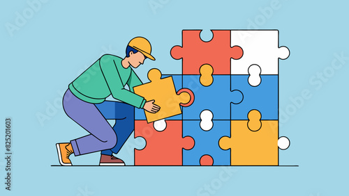 A person is seen crouched over a large puzzle carefully fitting each piece together. They focus intently on the task determined to master the. Cartoon Vector.