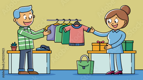 A person at a thrift store exchanging their old clothes for new ones. The old clothes are faded and have signs of wear while the new ones are in. Cartoon Vector.