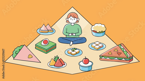 A person sitting on a picnic blanket surrounded by sandwiches and finger foods. The sandwiches are into neat triangles and have fillings like ham. Cartoon Vector.