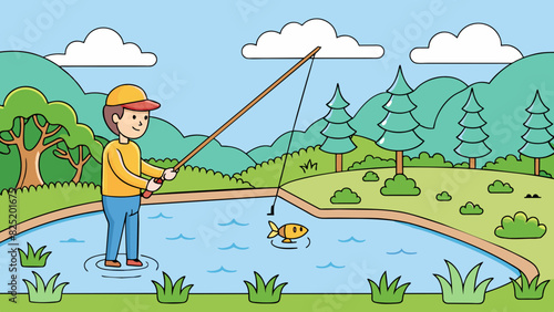 A person stands at the edge of a lake holding a long pole with a string attached to it. They cast the line into the water and wait patiently for a. Cartoon Vector.