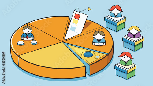 A pie chart visualizing the breakdown of votes for a student council election. Each slice of the pie represents a candidate and the size of the slice. Cartoon Vector.