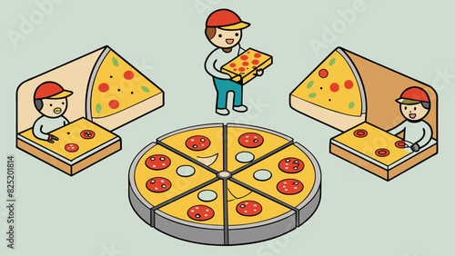A pizza with six slices has three slices remaining. The pizza delivery person adds two more slices and now there are five slices of pizza.. Cartoon Vector.
