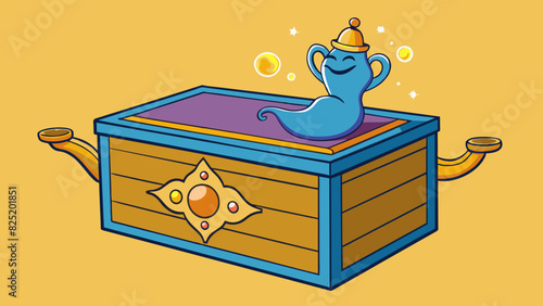 A plain wooden box with intricate carvings said to contain a genie who can grant three wishes to whoever opens it.. Cartoon Vector. photo
