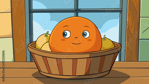 A plump round orange sitting in a fruit basket its dimpled skin reflecting the soft light from the window.. Cartoon Vector.