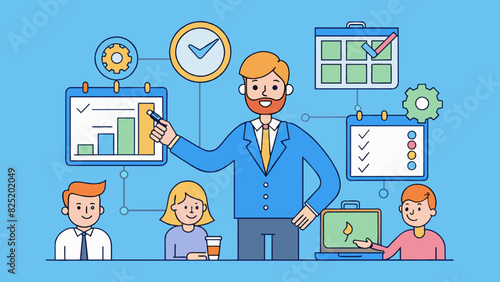 A project manager coordinates a teams efforts to complete a project on time and within budget delegating tasks monitoring progress and keeping. Cartoon Vector.