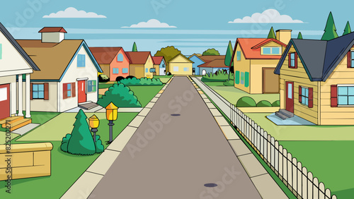 A quiet suburban street lined with neat identical houses. Each house has a manicured lawn white picket fence and a neatly trimmed mailbox. Childrens. Cartoon Vector.