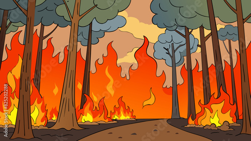 A raging fire roared through the forest charred trees standing tall in its wake. The flames licked at the branches leaving behind a trail of blackened. Cartoon Vector.