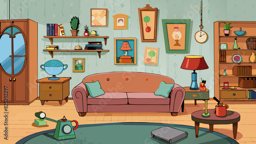 A quirky and eclectic home filled with vintage finds and unique pieces of art. The walls are covered in textured wallpaper and shelves are filled with. Cartoon Vector.