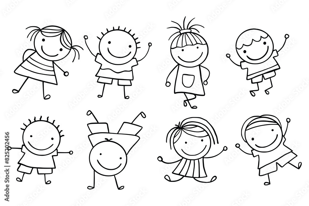 Hand-Drawn Line Art Cartoon of Happy Kids. Children Illustration. Children Doodle Illustrations Hand-Drawn Line Art Cartoon of Happy Kids. Children Illustration. Children Doodle Illustrations