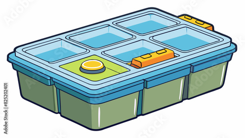 A rectangular plastic container with a lid that has several compartments inside. Each compartment has a different shape and size and they can be. Cartoon Vector.