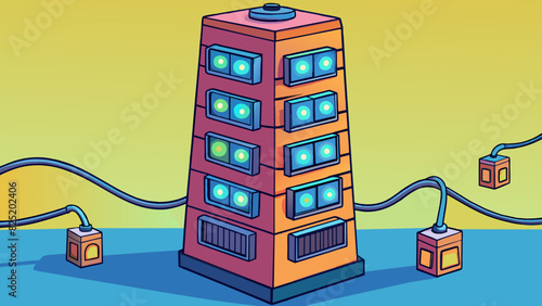 A rectangular tower with glowing lights and a series of ports on the front. On the back there are multiple cords connecting the tower to other. Cartoon Vector.