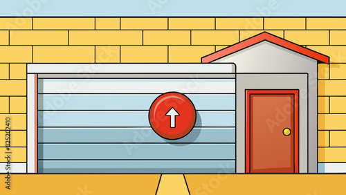 A red button on a wall with an upward arrow symbol used to raise and lower a garage door.. Cartoon Vector.