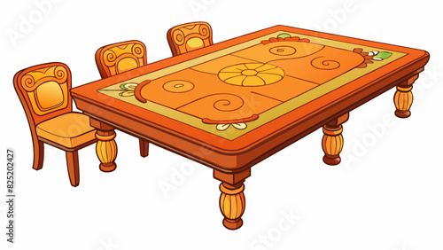 A rectangular wooden table with four legs and a smooth glossy surface. It has intricate carvings on the sides and can comfortably seat six people.. Cartoon Vector.