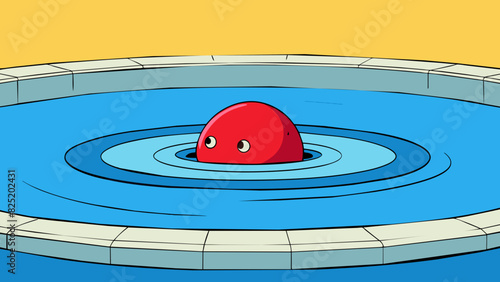 A red ball is resting on the edge of a circular pool half submerged in the water.. Cartoon Vector.