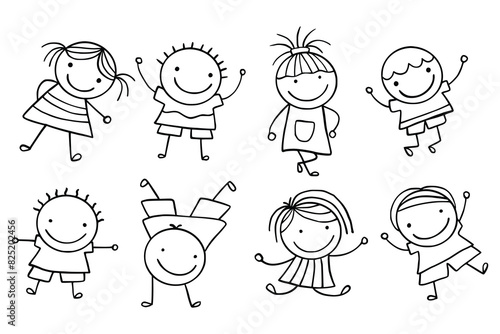 Hand-Drawn Line Art Cartoon of Happy Kids. Children Illustration. Children Doodle Illustrations