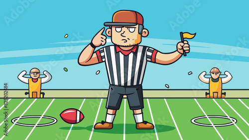 A referee on a football field blowing a whistle and signaling penalties to the players. The referees neutral position and ability to enforce game. Cartoon Vector.