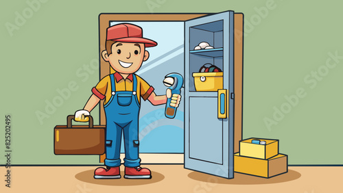 A repairman arrives at your doorstep with a toolkit in hand ready to fix your broken appliance. He works quickly and efficiently explaining the. Cartoon Vector.