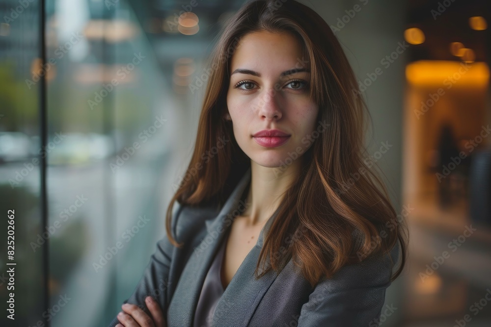 Obraz premium Portrait of a young professional woman with a thoughtful expression in an office environment