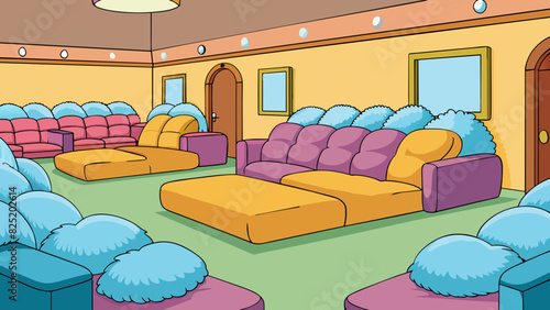 A room filled with multiple large cozy sofas each adorned with numerous fluffy pillows can be described as much seating.. Cartoon Vector.