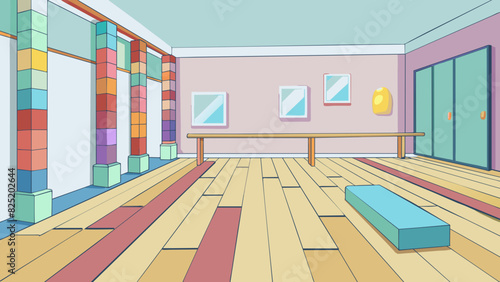 A room lined with floortoceiling mirrors and ballet barres. The floors are made of smooth glossy wood perfect for dancers to practice on. The walls. Cartoon Vector.