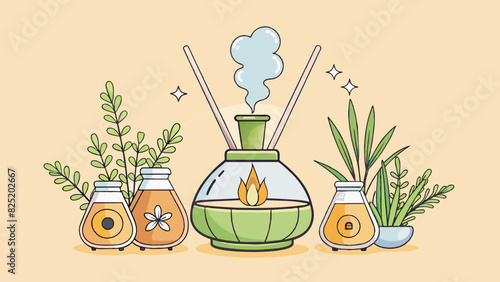 Aromatherapy Essential oils are used in a diffuser to create a calming scent and promote relaxation. The oils are derived from plants and have been. Cartoon Vector.