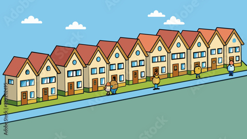 A row of identical houses in a planned community each with the same layout and design. The objects characteristic is that each house is a. Cartoon Vector.