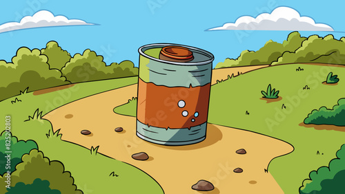 A rusted tin can dented and covered in grime left behind on a hiking trail.. Cartoon Vector.