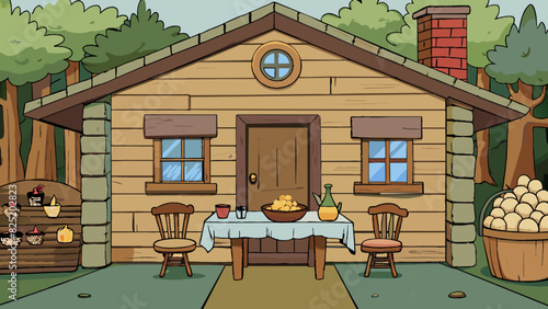 A rustic home nestled in the woods with log walls and a wooden door that creaks when od. The kitchen is the heart of the home with a large farmhouse. Cartoon Vector.
