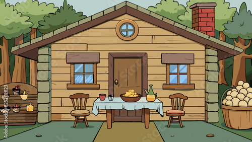 A rustic home nestled in the woods with log walls and a wooden door that creaks when od. The kitchen is the heart of the home with a large farmhouse. Cartoon Vector.