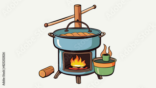 A rustic vintagestyle cooker is comprised of a cast iron stove with a large pot on top for cooking meals. The stove features two open flames fueled by. Cartoon Vector.