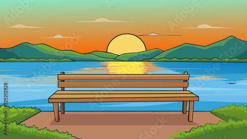 A rustic wooden bench overlooking a serene lake the colors of sunset reflecting off its surface. Its sy yet humble presence invites you to sit and. Cartoon Vector.