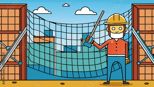A safety net on a construction site preventing falls with its strong mesh material and secure attachments.. Cartoon Vector.