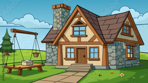 A rustic house made of stone and wood with a large stone fireplace as the centerpiece of the living room. The floors are made of wide plank dark. Cartoon Vector.