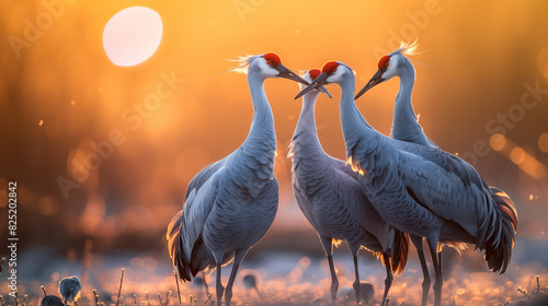 there are two birds standing in a field with a sun setting behind them photo