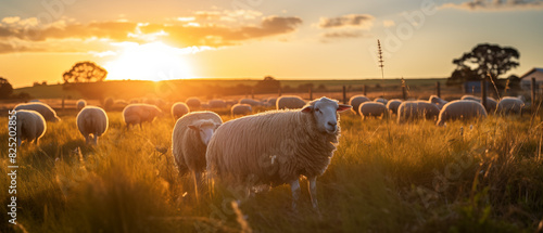 Flock of Sheep in a Golden Hour Field