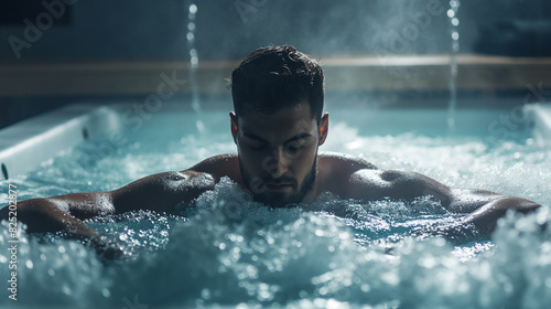 Um homem usando uma piscina de gelo para se recuperar após exercícios esportivos photo