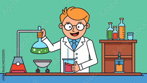 A scientist is conducting an experiment in a lab carefully adding and mixing chemicals together trying to create a new substance with specific. Cartoon Vector.