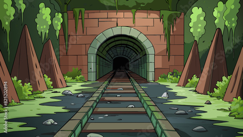 A rusty abandoned railway tunnel filled with eerie darkness and dampness. The walls were covered in moss and graffiti giving off a sense of. Cartoon Vector.