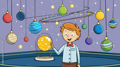 A science fair project where a student will be constructing a model of a solar system. The model will consist of brightly colored Styrofoam balls. Cartoon Vector.