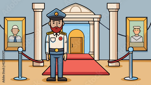 A security guard stood at the entrance of the museum providing a sense of safety and protection for the priceless artifacts displayed inside.. Cartoon Vector.